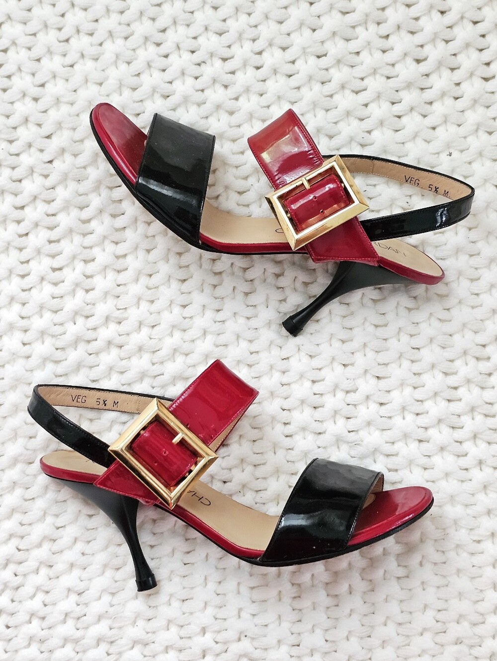 Charles Jourdan Vintage Patent Leather Red Black Slingback Heels 5.5 Spain